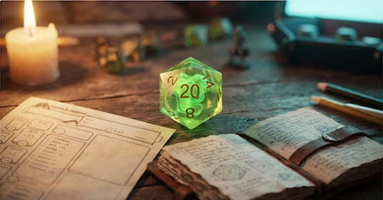 Een gloeiende groene twintigzijdige dobbelsteen (d20) die het getal 20 toont, liggend op een houten tafel naast een personageblad en een open logboek bij kaarslicht.